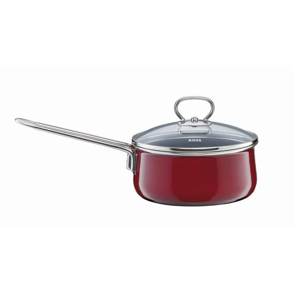 Riess Stielkasserolle mit Glasdeckel Ø16cm 1 Liter Emaille Nouvelle Rosso extra stark