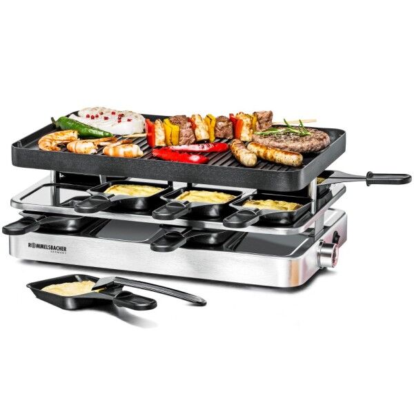 ROMMELSBACHER Raclette 1200W 8Pfännchen antihaf.Grill/Crepeplatte alu-ed RC 1400
