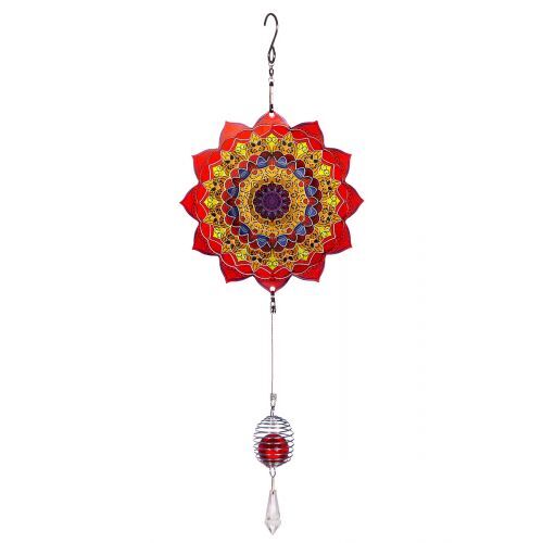 Casablanca Windspiel Mandala Edelstahl bunt  mit roter Glaskugel an Draht gelasert