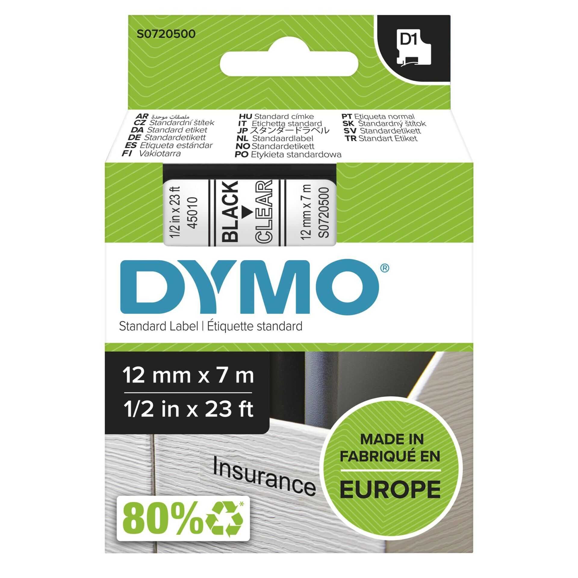 DYMO D1 - Selbstklebend - Schwarz auf Transparent - Rolle (1,2 cm x 7 m) 1 Rolle(n) Etikettenband - für LabelMANAGER 100, 160, 210, 220, 260, 280, 300, 360, 420, Wireless PnP; LabelPOINT 250