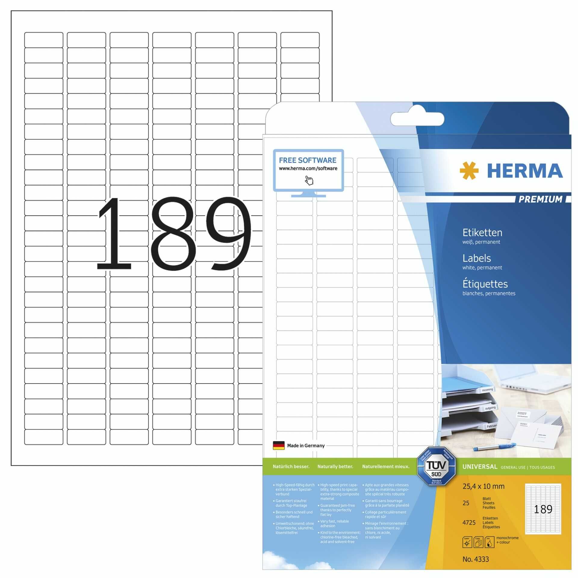 HERMA Premium - Papier - matt - permanent selbstklebend - weiß - 25.4 x 10 mm 4725 Etikett(en) (25 Bogen x 189) laminierte Etiketten
