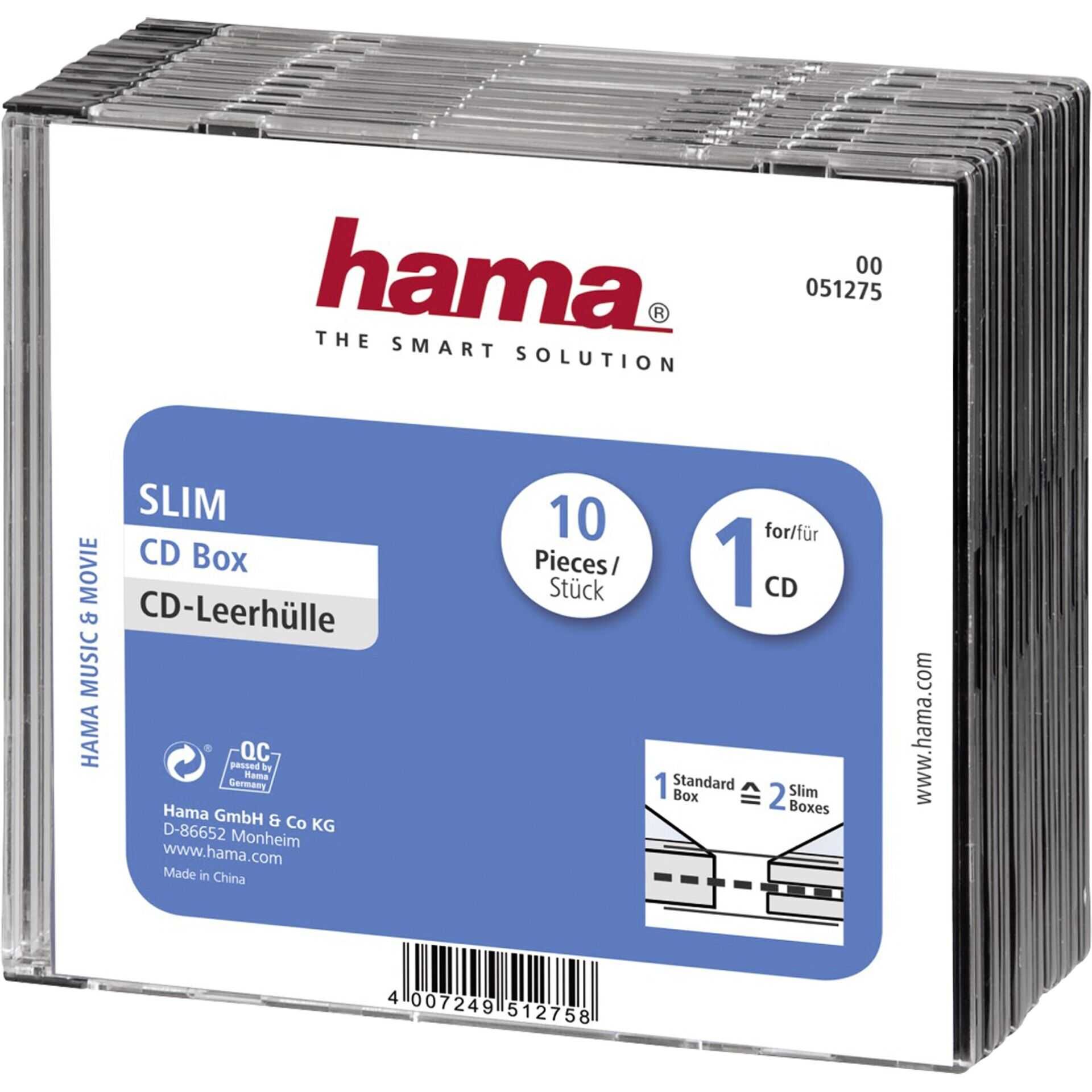 Hama - Slim Jewel Case für Speicher-CD - Kapazität: 1 CD - durchsichtig schwarz (Packung mit 10)