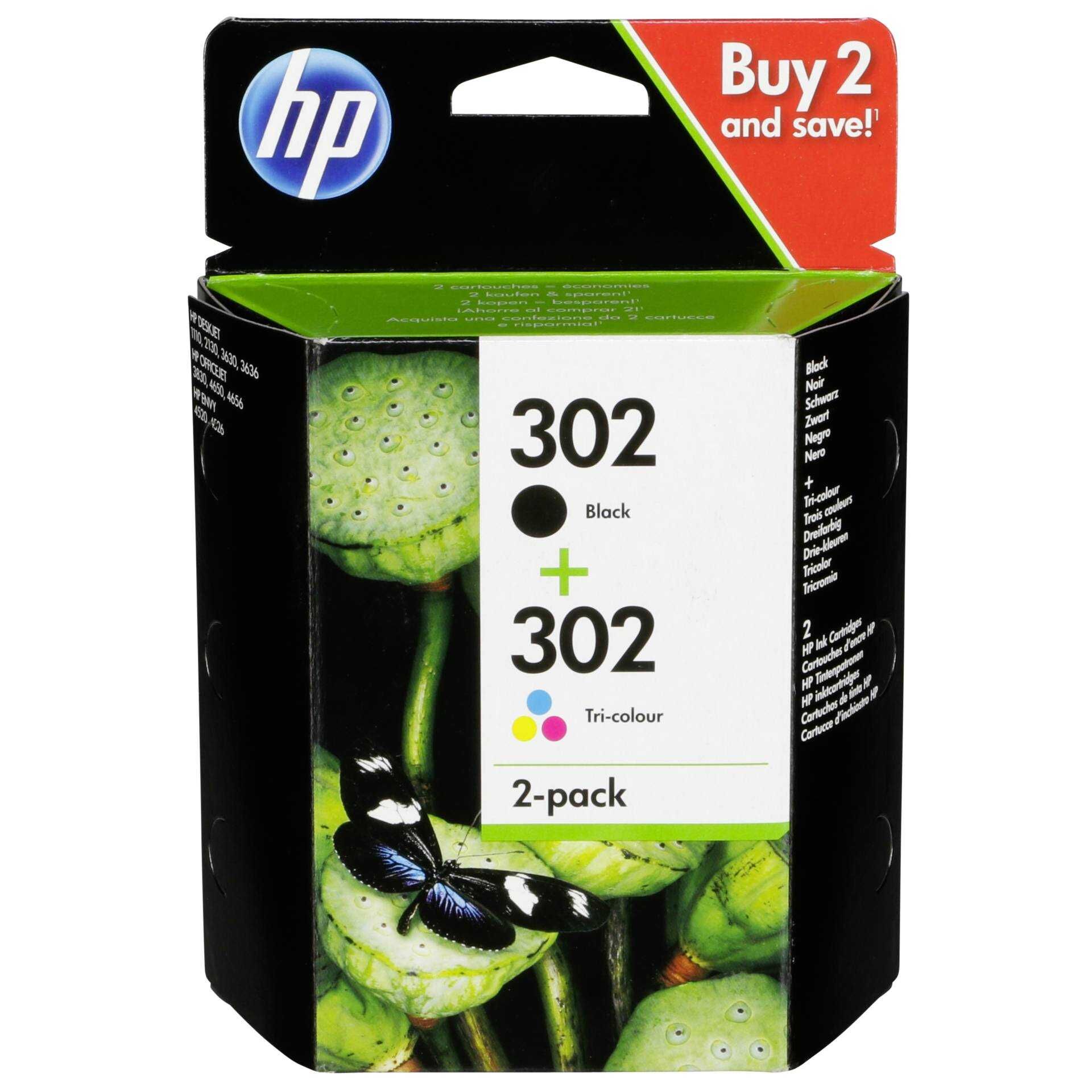 HP 302 - 2er-Pack - Schwarz, farbstoffbasiert dreifarbig - Original - Tintenpatrone - für Deskjet 11XX, 21XX, 36XX; Envy 45XX; Officejet 38XX, 46XX, 52XX