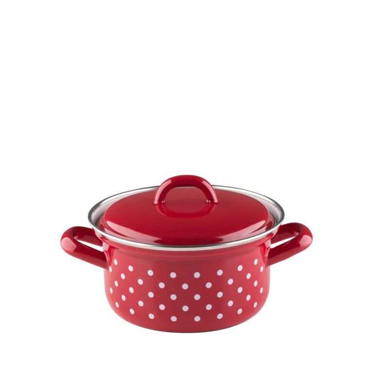 Riess Country Kasserolle mit Deckel Ø14cm 0,75 Liter Pünktchenrot Emaille Induktion