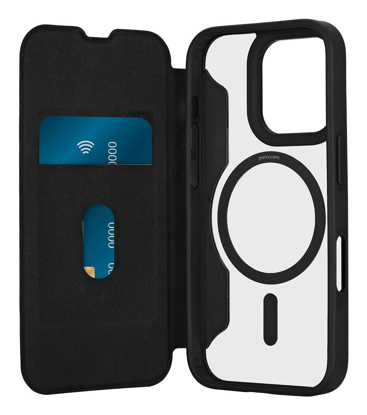 Puro Book Mag, Folio, Apple, iPhone 16 Pro, 16 cm (6.3"), Schwarz, Transparent