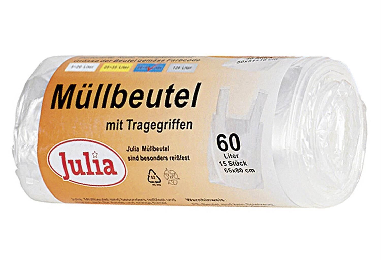 JULIA Müllbeutel mit Tragegriffen 60 Liter 15 Stück Rolle
