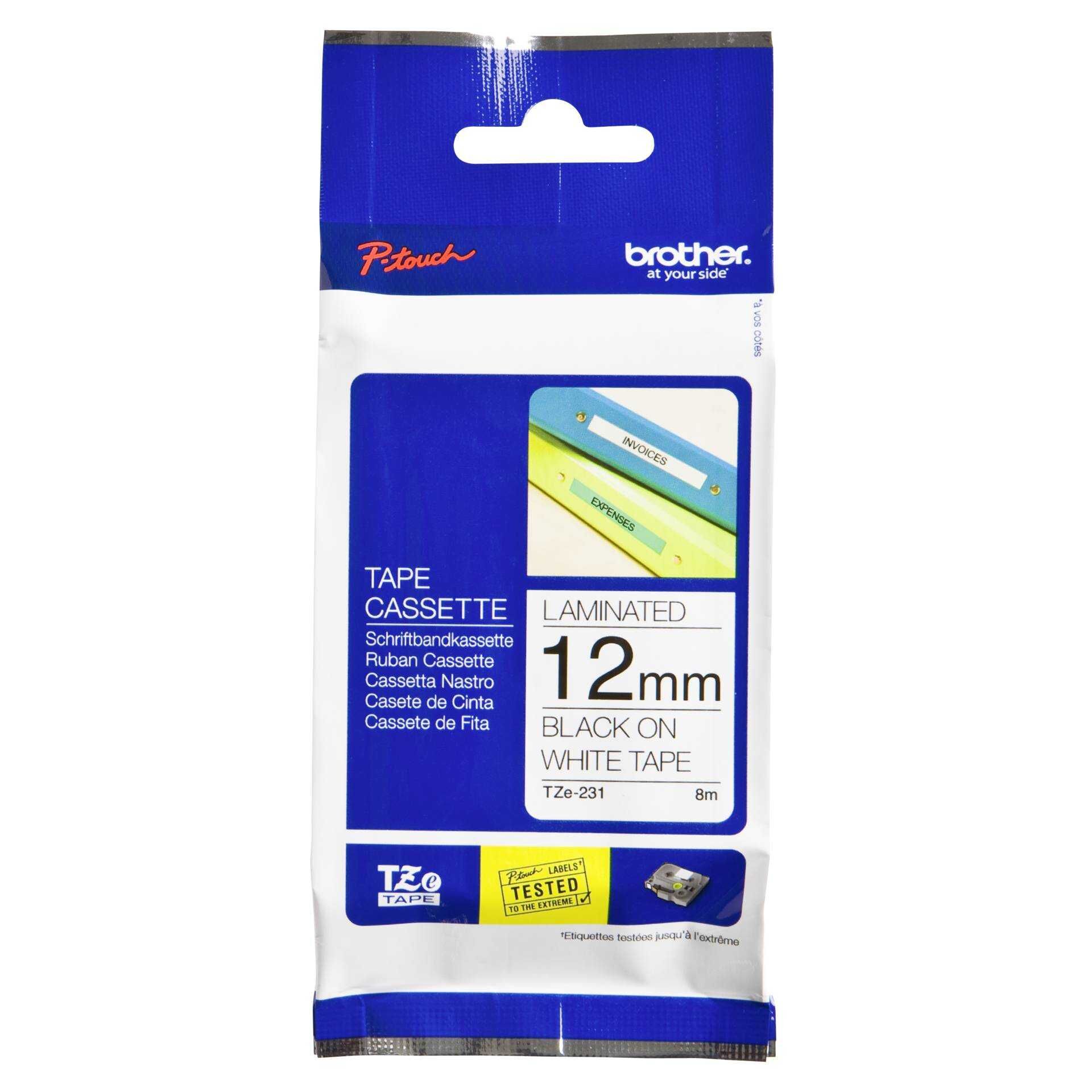 Brother TZe-231 - Standard-Klebstoff - Schwarz auf Weiß - Rolle (1,2 cm x 8 m) 1 Rolle(n) laminiertes Band - für Brother PT-D210, D600, H110; P-Touch PT-1005, 1880, E800, H110; P-Touch Cube Plus PT-P710
