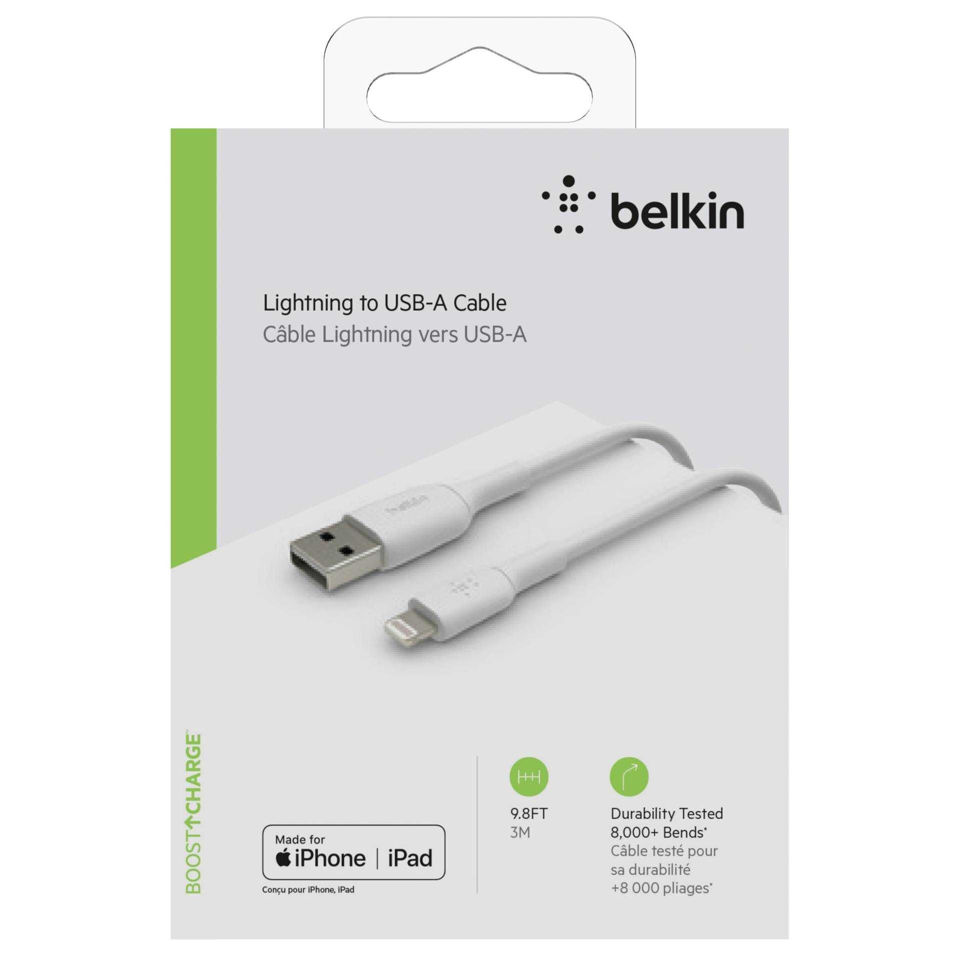 Belkin BOOST CHARGE - Lightning-Kabel - Lightning (M) bis USB (M) - 3 m - weiß - für Apple 10.5-inch iPad Pro; 12.9-inch iPad Pro (2nd generation); iPhone 11, 11 Pro, 11 Pro Max, 8, XR, XS, XS Max