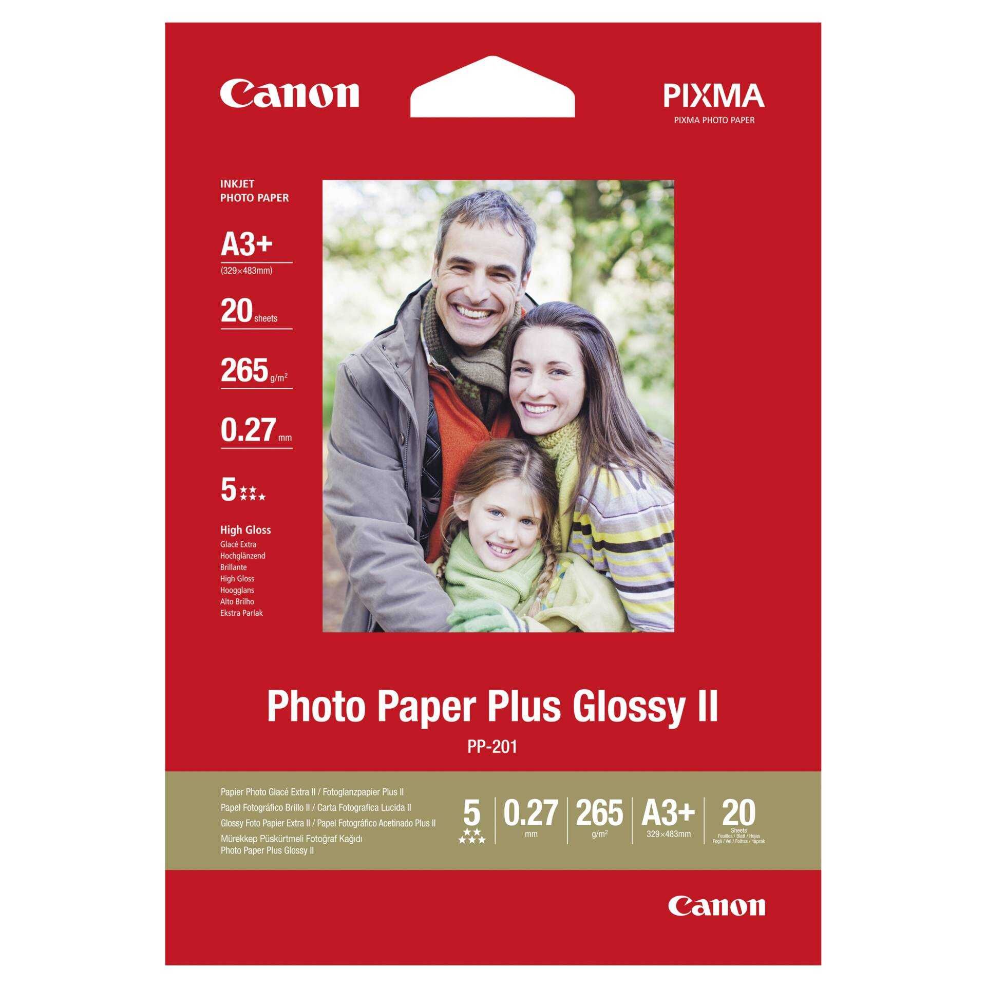 Canon Photo Paper Plus Glossy II PP-201 - Glänzend - A3 plus (329 x 423 mm) 20 Blatt Fotopapier - für PIXMA iX7000, MP210, MP520, MP610, MP970, MX300, MX310, MX700, MX850, PRO-1, PRO-10, 100