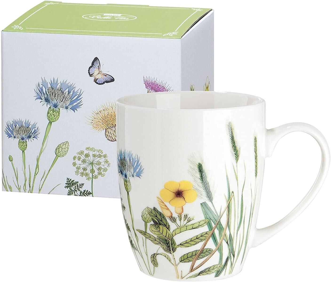 Gilde Tasse / Becher, "Wild Flowers", Schmetterlingmotiv, Blumenmuster, Porzellan, weiß, VE 6, L. 9 cm, B. 13 cm, H. 10 cm