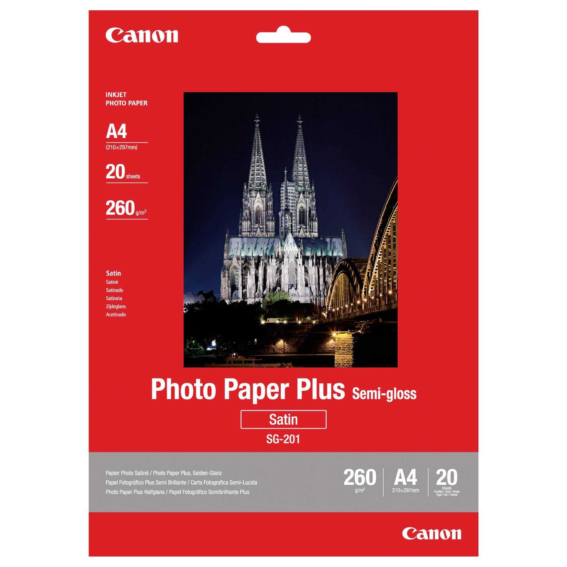 Canon Photo Paper Plus SG-201 - Halbglänzend - A4 (210 x 297 mm) - 260 g/m² - 20 Blatt Fotopapier - für PIXMA iP3680, MG8250, MP198, MP228, MP245, MP252, MP258, MP476, PRO-1, PRO-10, 100; S450
