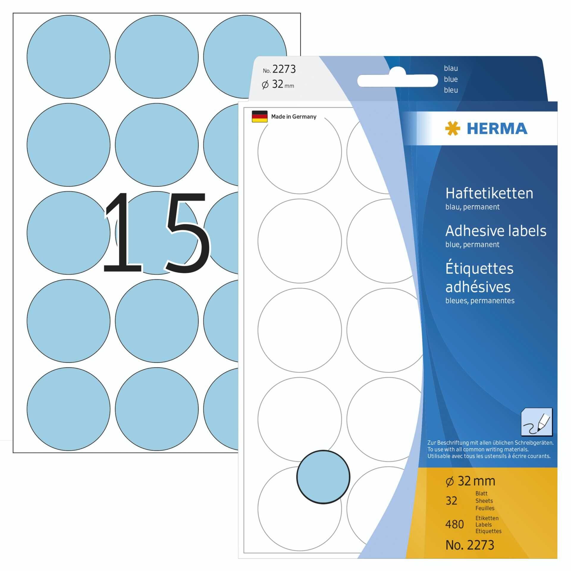 HERMA - Papier - permanent selbstklebend - Blau - 32 mm rund 480 Etikett(en) (32 Bogen x 15) runde Etiketten