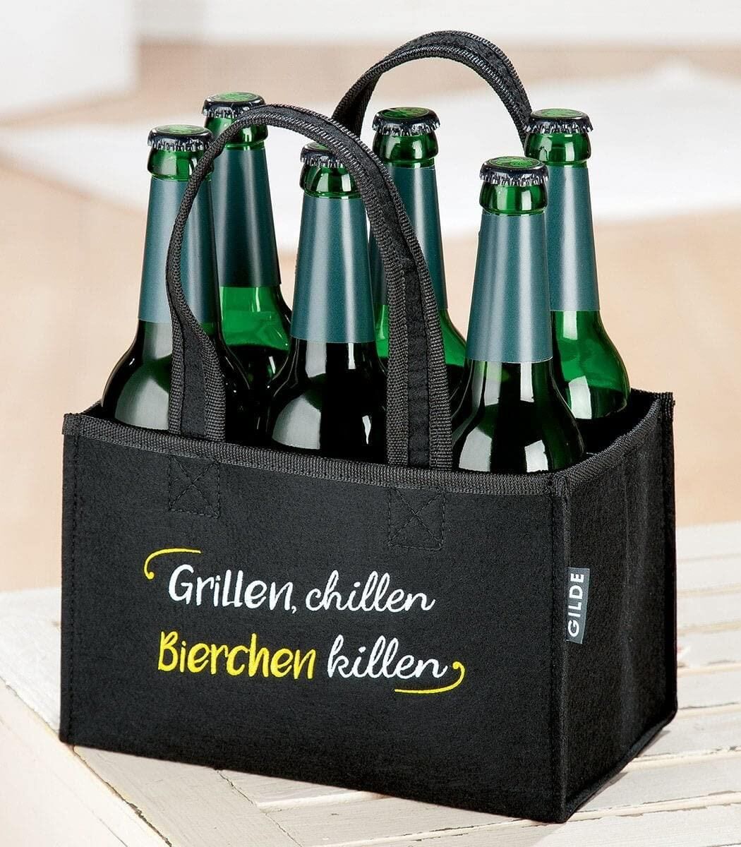 Gilde Flaschentasche, "Grillen,...", Spruch, Filz, schwarz, VE 6, L. 14 cm, B. 23 cm, H. 15 cm
