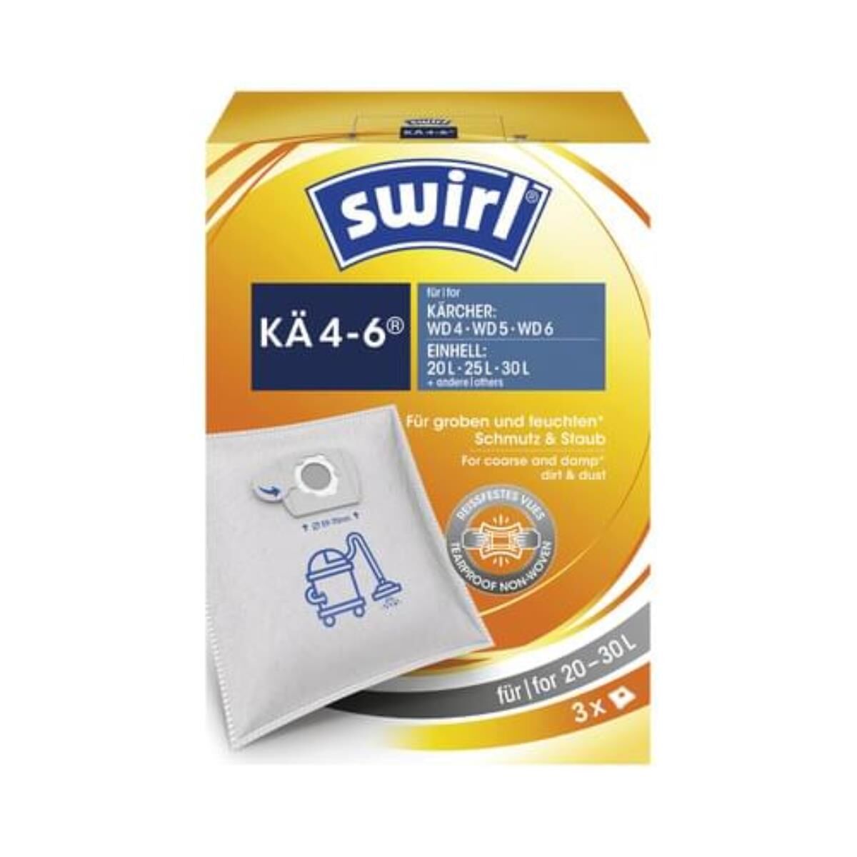 Swirl KÄ4-6 Staubbeutel, 3er Pack passend für Kärcher WD4, 6 und Einhell 20L, 25L & 30L