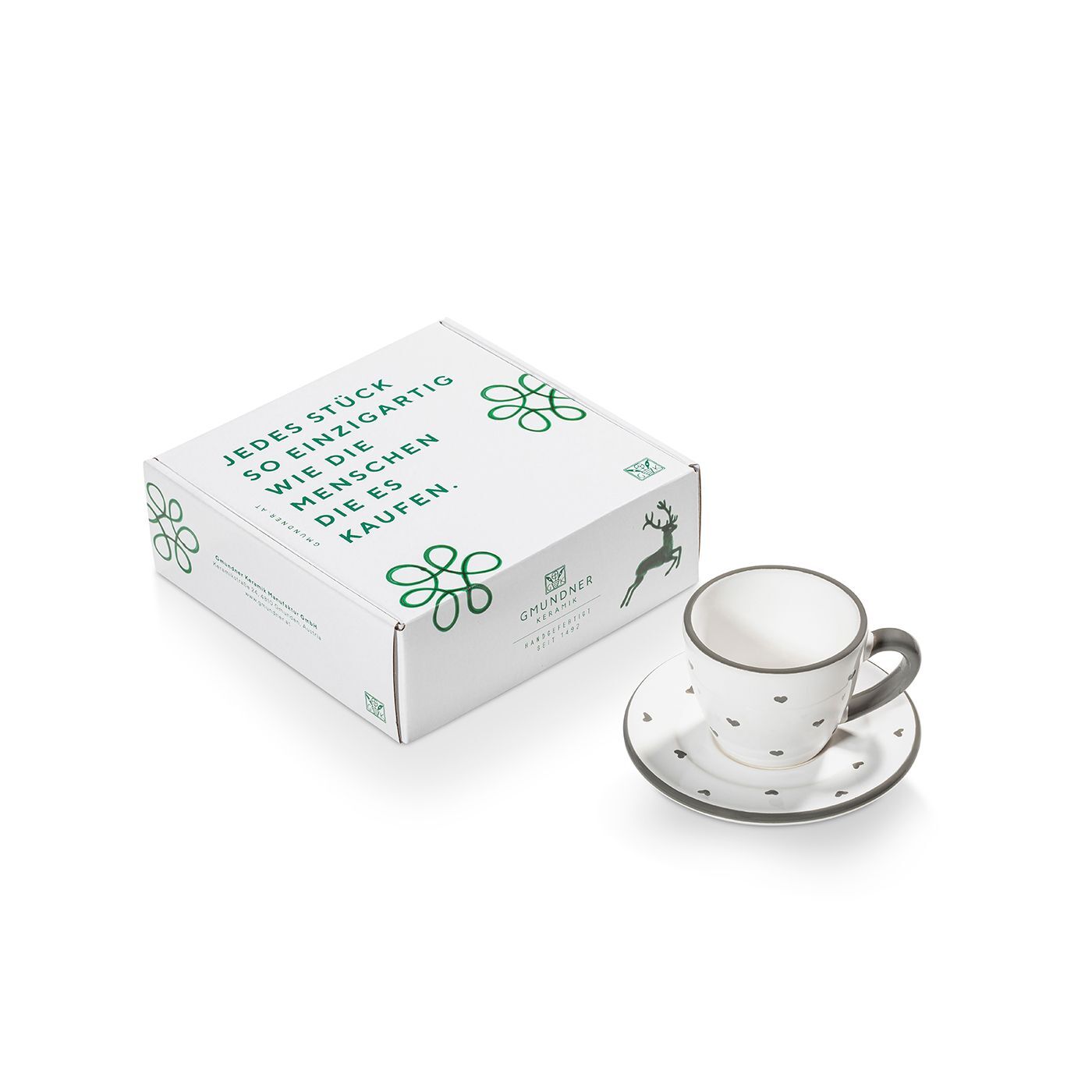Gmundner Keramik Herzerl Grau, Espresso für Dich/2tlg.im Geschenkk.