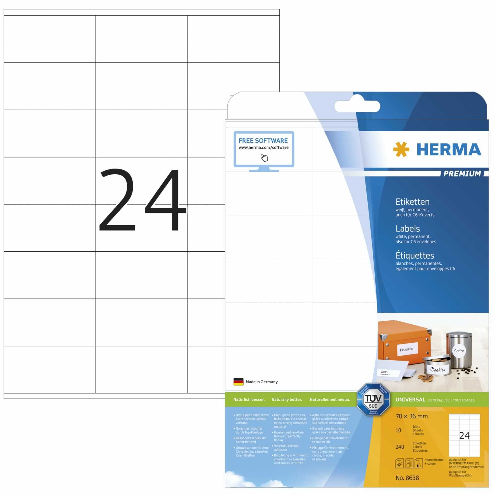 HERMA Premium - Papier - matt - permanent selbstklebend - weiß - 70 x 36 mm 240 Etikett(en) (10 Bogen x 24) laminierte Etiketten