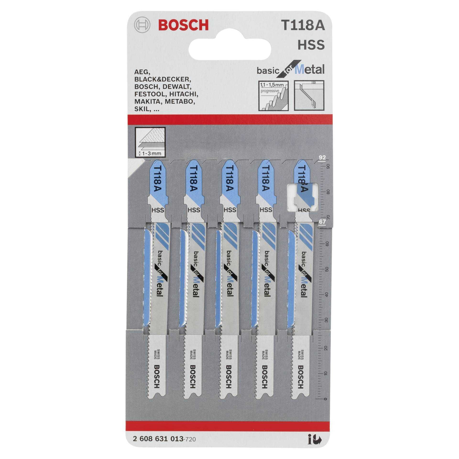 Bosch basic for Metal T 118 A - Stichsägenblatt - für dünnes Blech - 5 Stücke - Länge: 92 mm