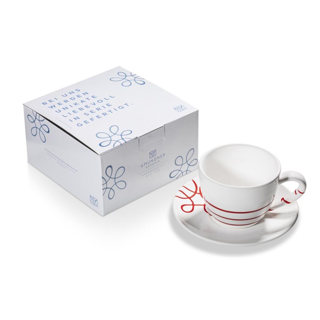 Gmundner Keramik Pur Geflammt Rot, Teetasse Maxima mit Unterteller