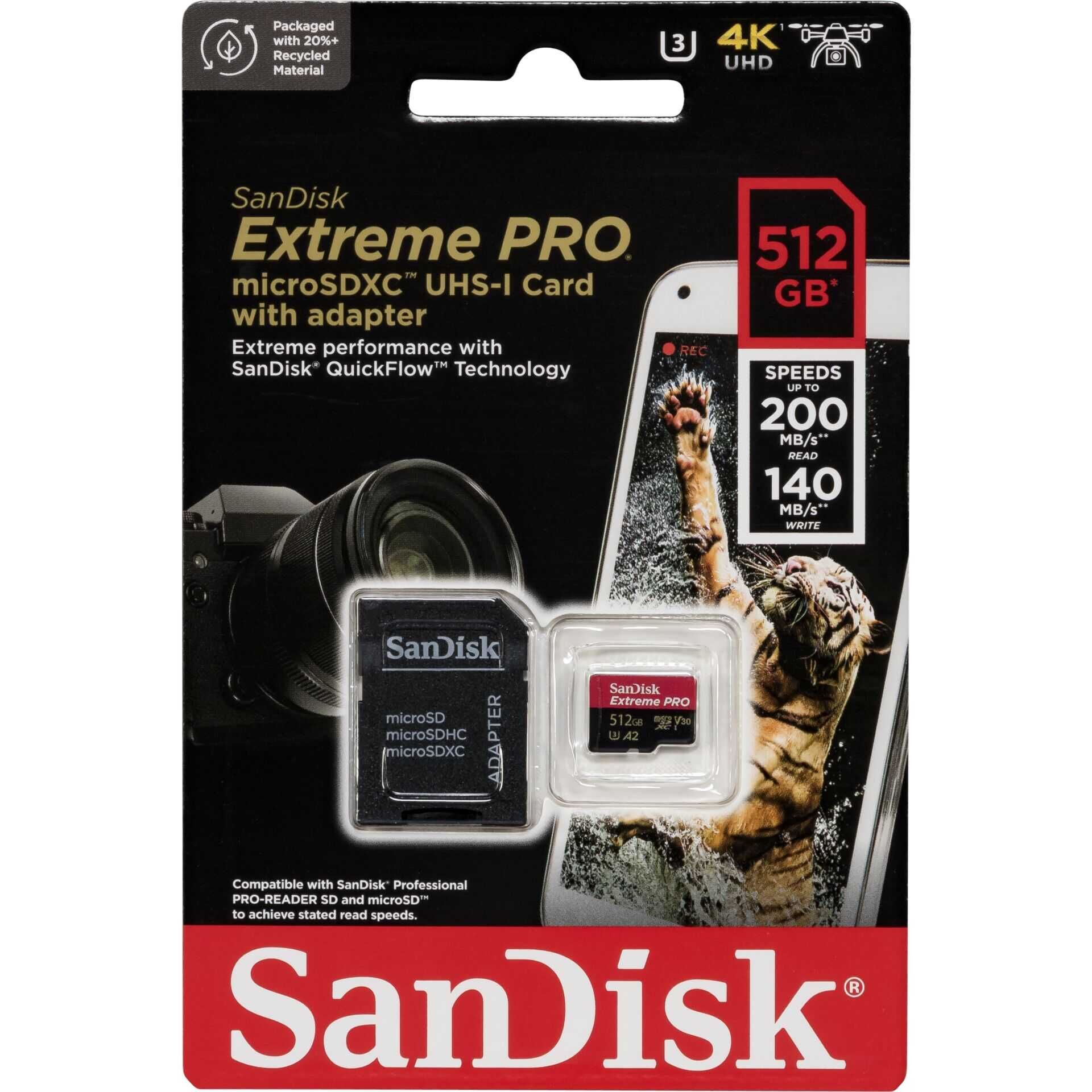 SanDisk Extreme Pro - Flash-Speicherkarte (microSDXC-an-SD-Adapter inbegriffen) - 512 GB - A2 / Video Class V30 / UHS-I U3 / Class10 - microSDXC UHS-I