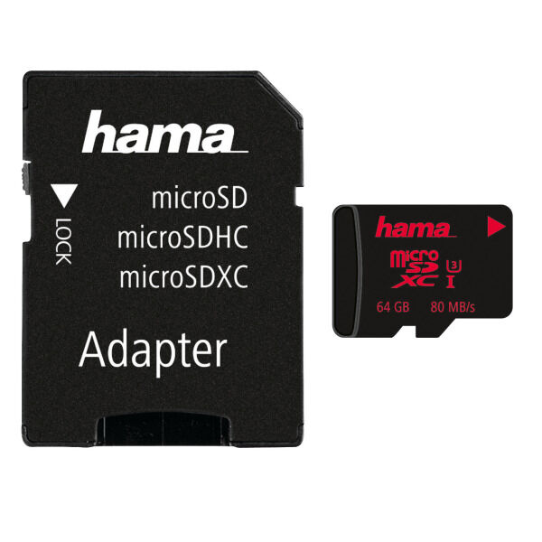 HAMA MicroSDXC Karte UHS-I 80MB/s inkl. Adapter/Mobile 64GB sw MICROSDXC 64GB CLASS 3 123979