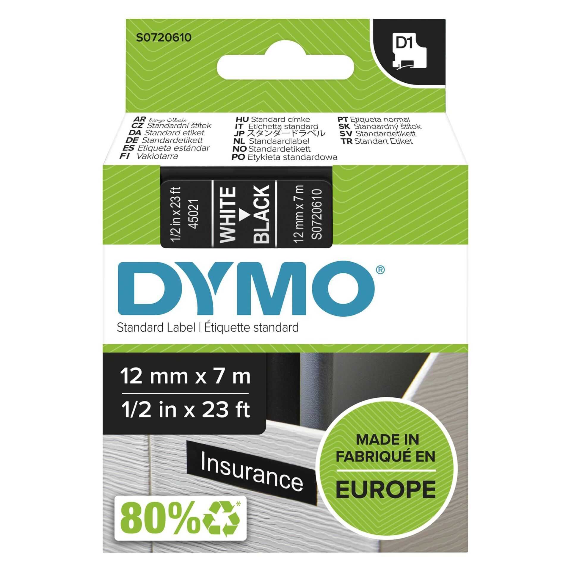 DYMO D1 - Selbstklebend - Weiß auf Schwarz - Rolle (1,2 cm x 7 m) 1 Rolle(n) Etikettenband - für LabelMANAGER 100, 160, 210, 220, 260, 280, 300, 360, 420, Wireless PnP; LabelPOINT 250