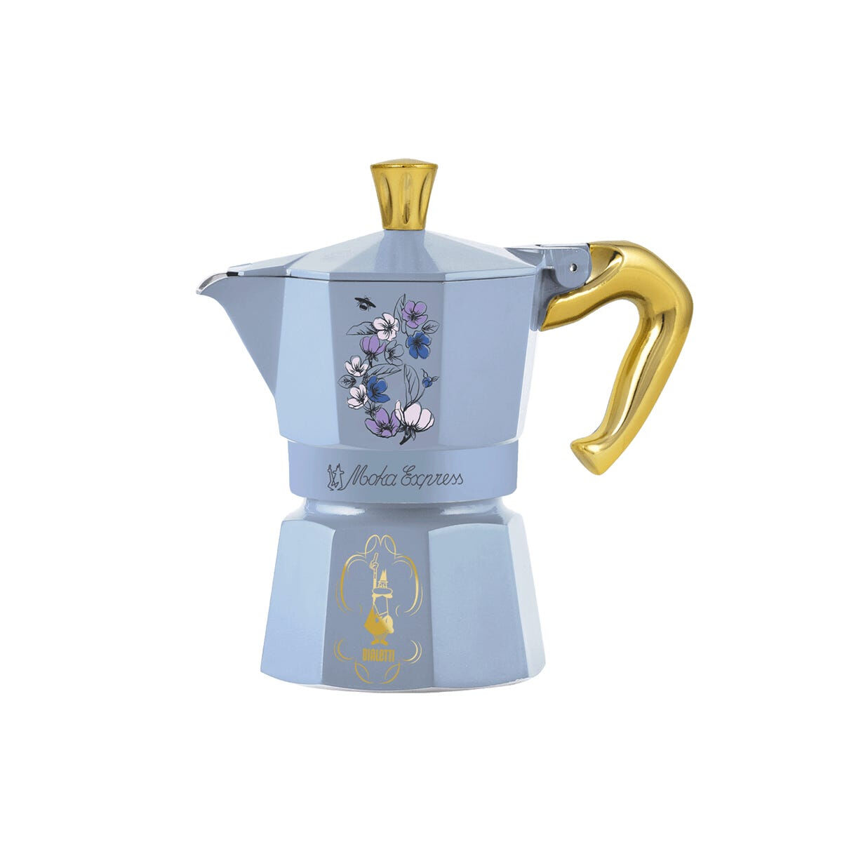 Bialetti Bridgerton, Mokka-Kanne, Schwarz, Blau, Gold, Violett, Gelb, Aluminium, 3 Tassen, Thermoplast, Moka Express