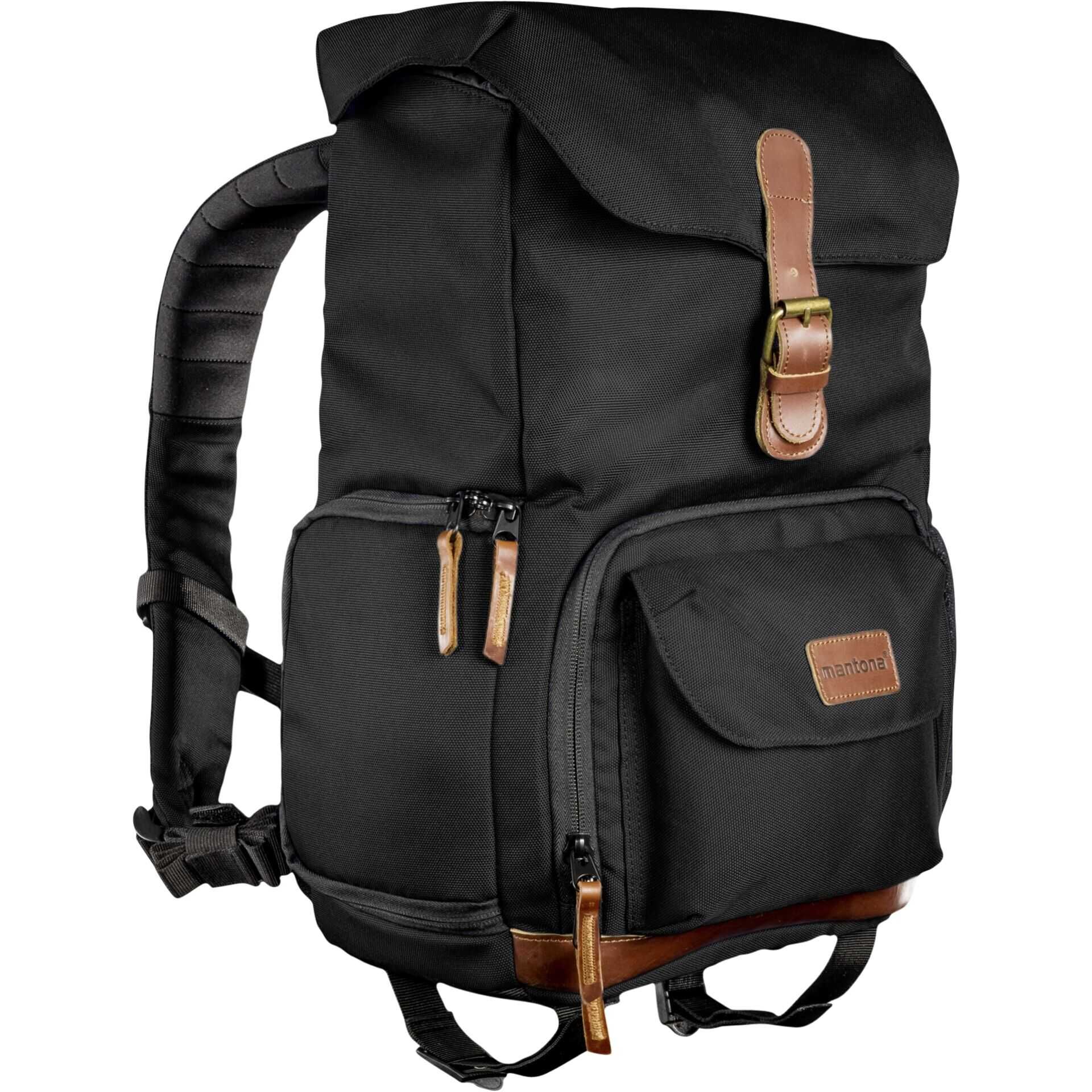 mantona Luis - Rucksack für Digitalkamera mit Objektiven - Nylon, Leder - Schwarz - 14"
