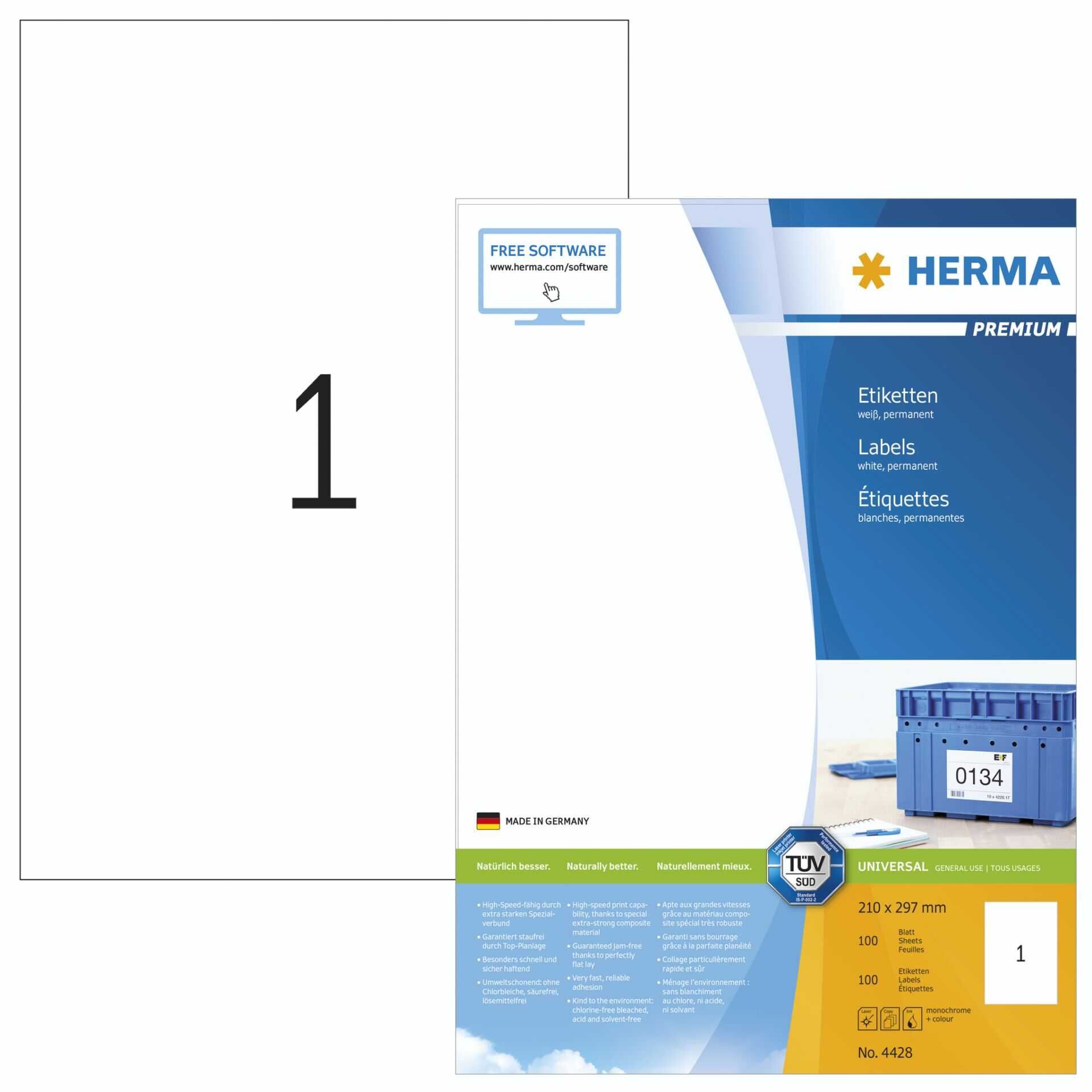 HERMA Premium - Papier - matt - permanent selbstklebend - weiß - A4 (210 x 297 mm) 100 Etikett(en) (100 Bogen x 1) laminierte Etiketten