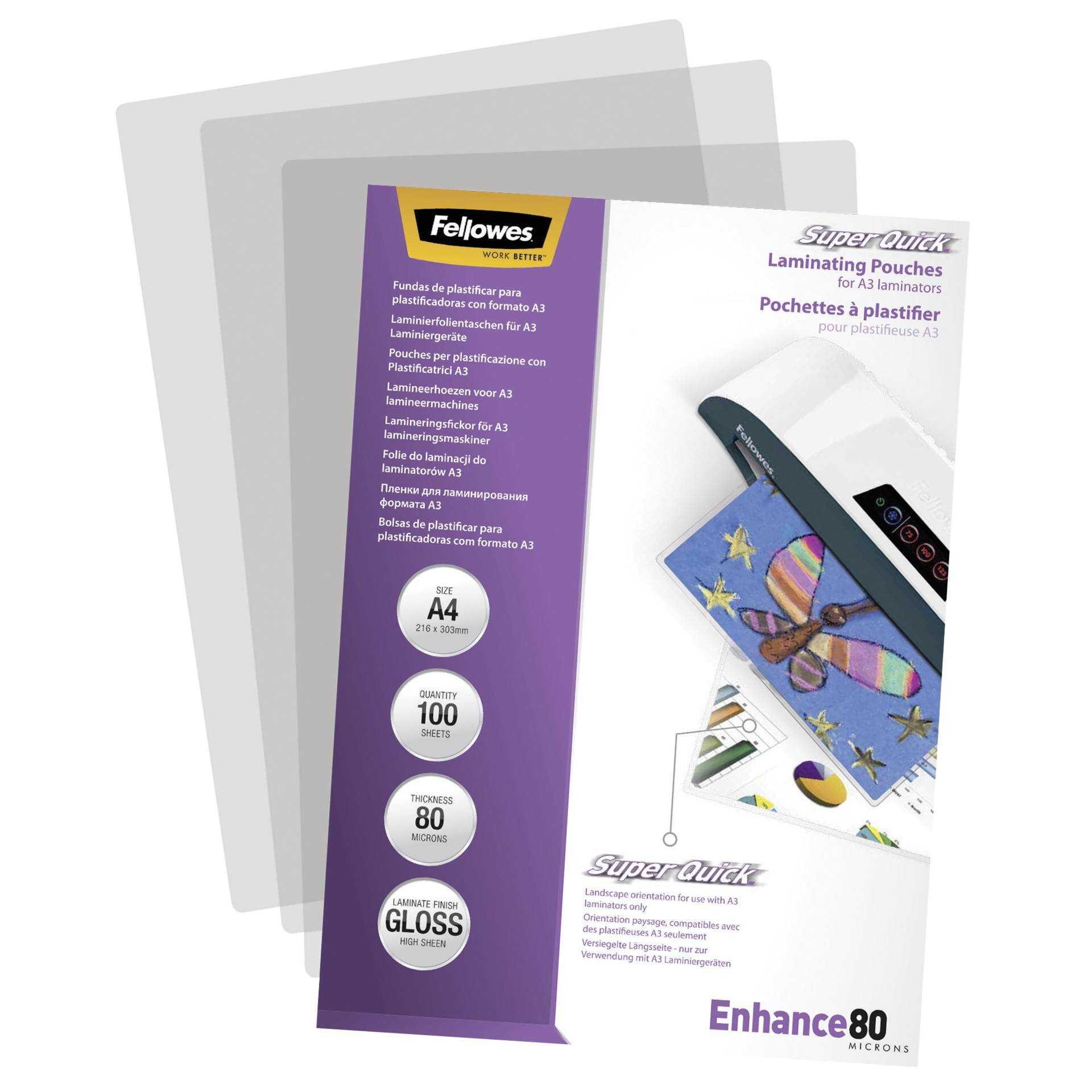 Fellowes Laminating Pouches SuperQuick Enhance 80 micron - 80 Mikron - 100er-Pack - glänzend - durchsichtig - A4 (210 x 297 mm) Taschen für Laminierung