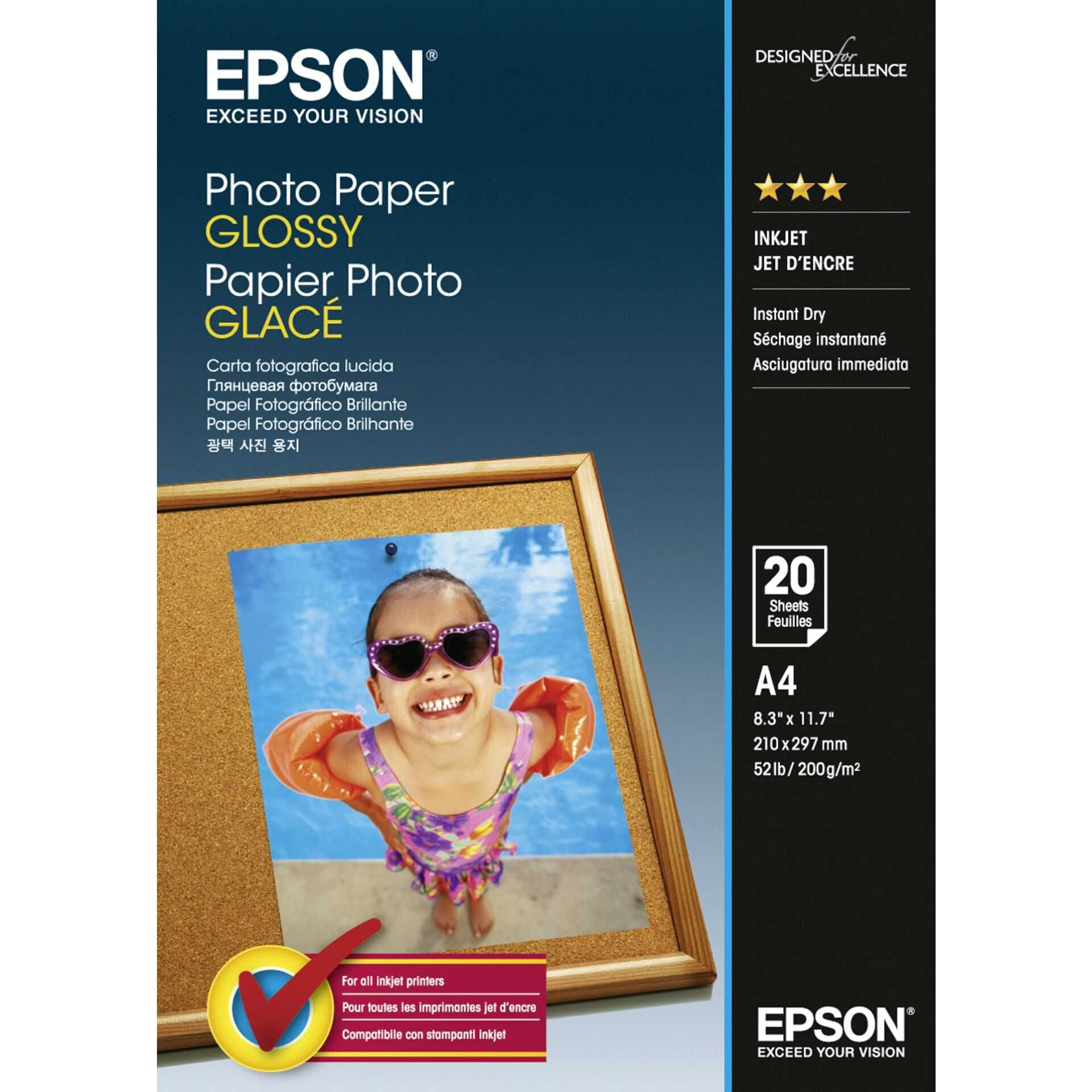 Epson - Glänzend - A4 (210 x 297 mm) - 200 g/m² - 20 Blatt Fotopapier - für EcoTank ET-1110, 2750, 2751, 2756, 4750; WorkForce ET-4700, WF-7725; WorkForce Pro WF-3725