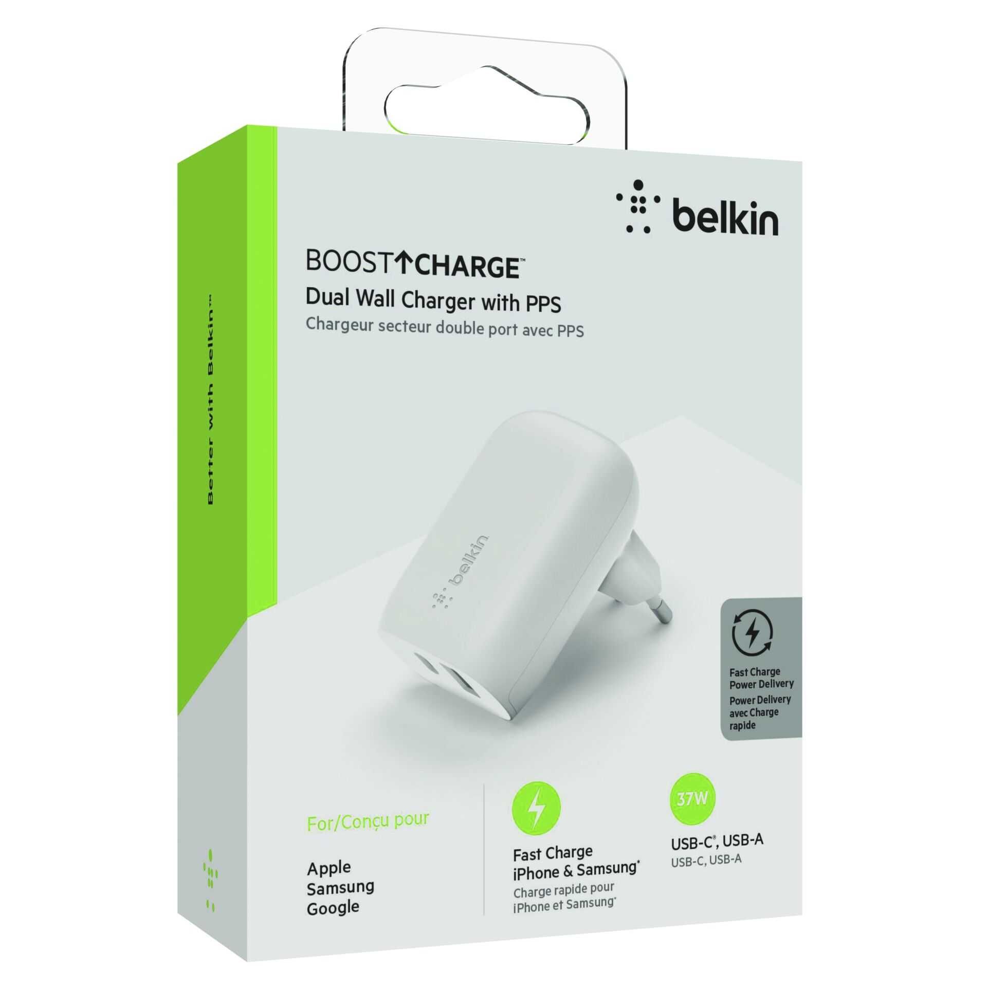 Belkin BOOST CHARGE - Netzteil - 37 Watt - PD 3.0 - 2 Ausgabeanschlussstellen (USB, USB-C)