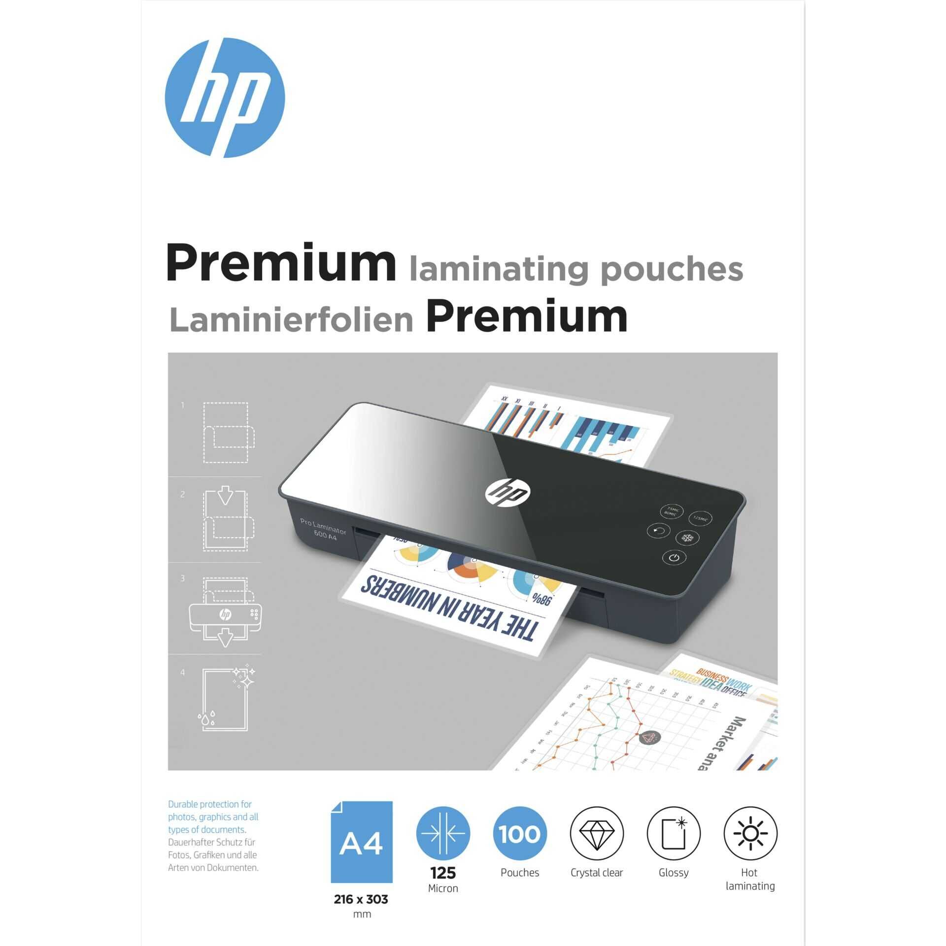 HP Premium - 125 Mikron - 100er-Pack - glänzend - DIN A4 (216 x 303 mm) Taschen für Laminierung